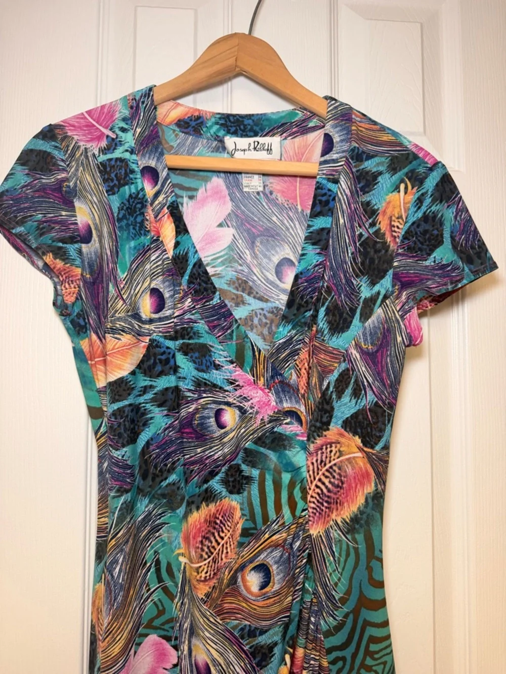 Joseph Ribkoff Faux Wrap Dress Peacock Print Ruffle Hem Stretch Midi Colorful - Picture 4 of 15